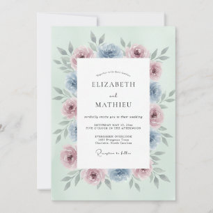 Invitation Mariage Romance Florale Rose Bleu Menthe