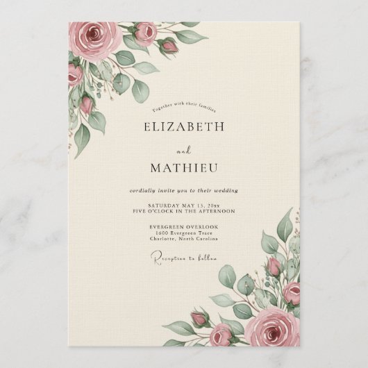 Invitation Mariage Romance Florale Rose Poussiéreuse (Devant)