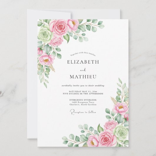 Invitation Mariage Romance Florale Rose Tendre (Devant)
