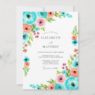Invitation Mariage Romance Florale Rose Turquoise