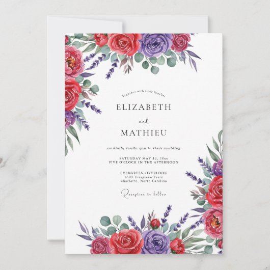 Invitation Mariage Romance Florale Rouge Violet (Devant)