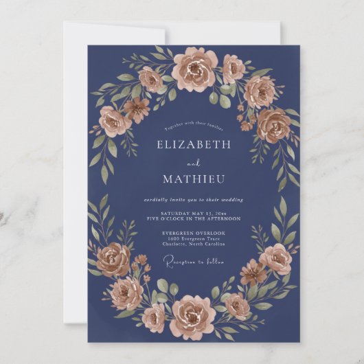 Invitation Mariage Romance Florale Rouille Navy (Devant)