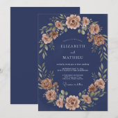 Invitation Mariage Romance Florale Rouille Navy (Devant / Derrière)