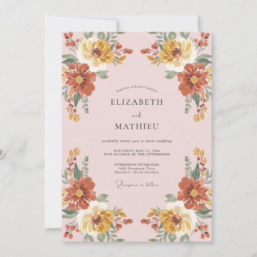 Invitation Mariage Romance Florale Rustique Ocre (Devant)