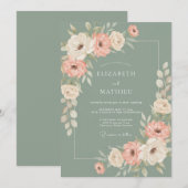 Invitation Mariage Romance Florale Sage (Devant / Derrière)