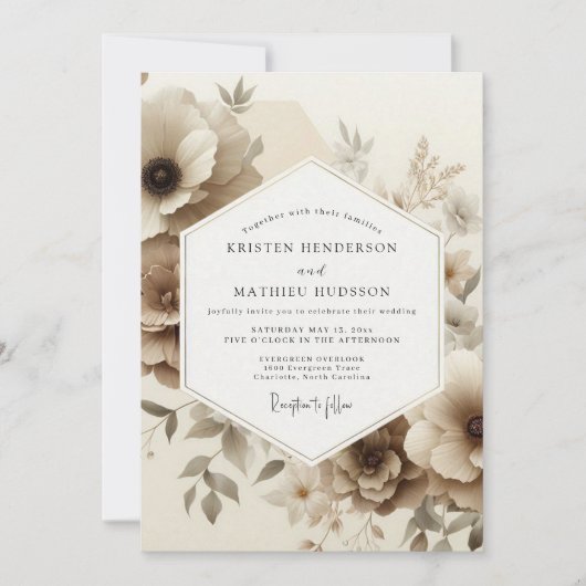 Invitation Mariage Romance Florale Sépia (Devant)