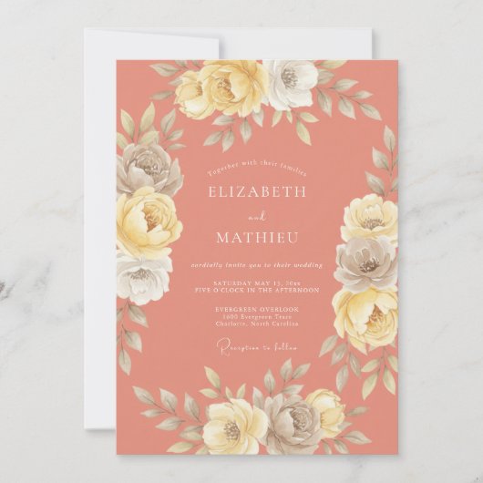 Invitation Mariage Romance Florale Teint de Corail (Devant)