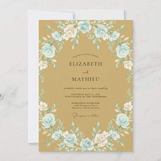 Invitation Mariage Romance Florale Teinte de Bleu-vert (Devant)