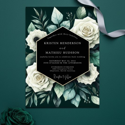 Invitation Mariage Romance Florale Vert Profond