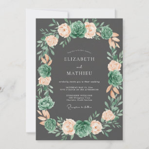 Invitation Mariage Romance Florale Verte Corail Gris