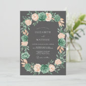 Invitation Mariage Romance Florale Verte Corail Gris (Debout devant)
