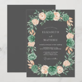 Invitation Mariage Romance Florale Verte Corail Gris (Devant / Derrière)