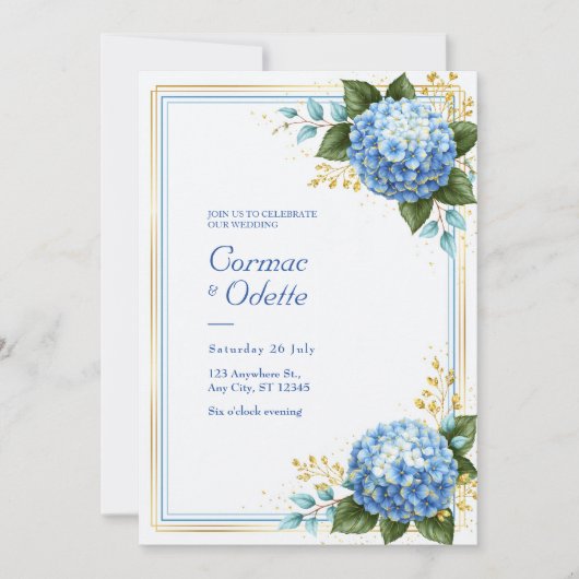 Invitation Mariage Romance Hydrangea Bleu Poudre Feuille D'Or (Devant)
