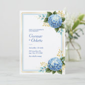 Invitation Mariage Romance Hydrangea Bleu Poudre Feuille D'Or (Debout devant)