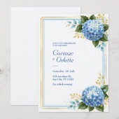 Invitation Mariage Romance Hydrangea Bleu Poudre Feuille D'Or (Devant / Derrière)