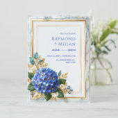 Invitation Mariage Romance Hydrangea Saphir Feuille D'or (Debout devant)