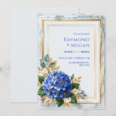 Invitation Mariage Romance Hydrangea Saphir Feuille D'or (Devant / Derrière)