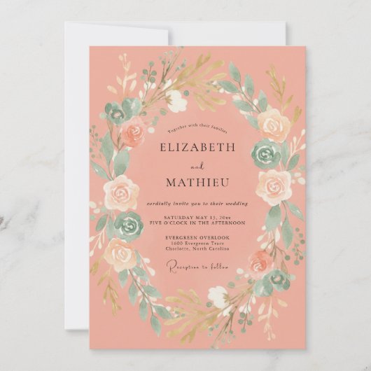 Invitation Mariage Romance Laurier Botanique Corail (Devant)