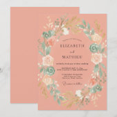 Invitation Mariage Romance Laurier Botanique Corail (Devant / Derrière)