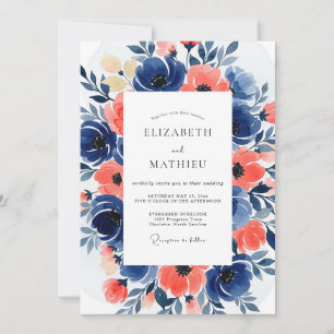 Invitation Mariage Romance Navy Corail Bloom