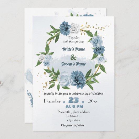 Invitation mariage romantique à fleurs bleues (Devant / Derrière)