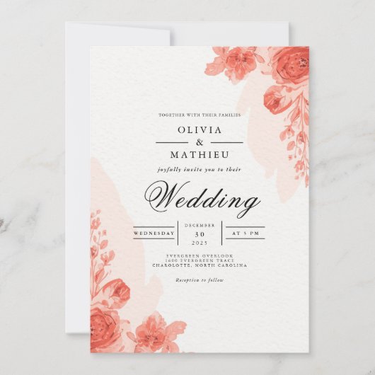 Invitation Mariage Romantique à l'Arche Florale Corail (Devant)