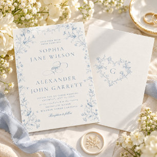 Invitation Mariage romantique à motif floral bleu avec monogr