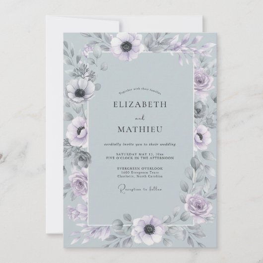 Invitation Mariage Romantique Anémone Bleu Ardoise (Devant)