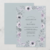 Invitation Mariage Romantique Anémone Bleu Ardoise (Devant / Derrière)