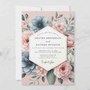 Invitation Mariage Romantique Anémone Bleu Poussiéreux