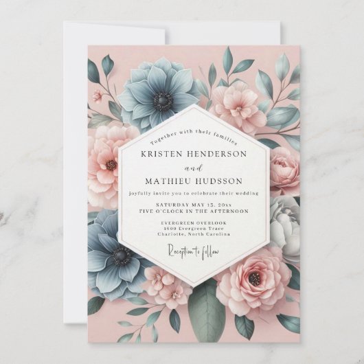 Invitation Mariage Romantique Anémone Bleu Poussiéreux (Devant)