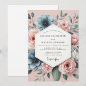 Invitation Mariage Romantique Anémone Bleu Poussiéreux (Devant / Derrière)