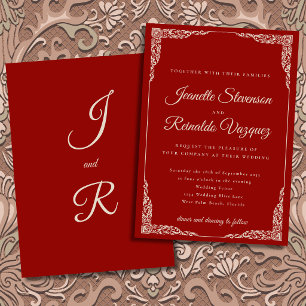 Invitation Mariage romantique antique baroque ivoire rouge vi
