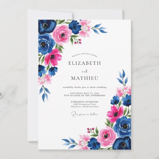 Invitation Mariage Romantique Aquarelle Fuchsia Navy (Devant)