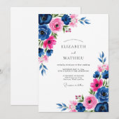 Invitation Mariage Romantique Aquarelle Fuchsia Navy (Devant / Derrière)