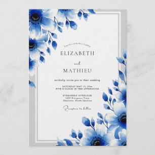 Invitation Mariage Romantique Artistique Floral Bleu
