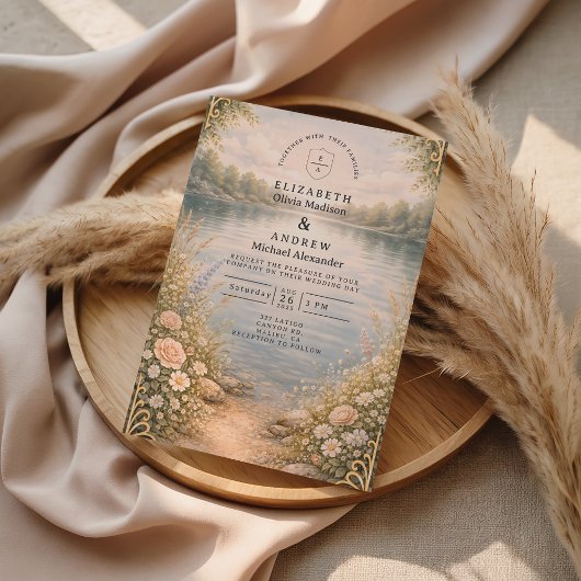 Invitation Mariage romantique au bord d'un lac fleuri en forê