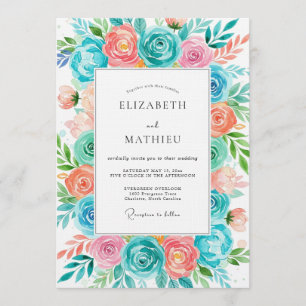 Invitation Mariage romantique aux coraux sarcelle en fleurs