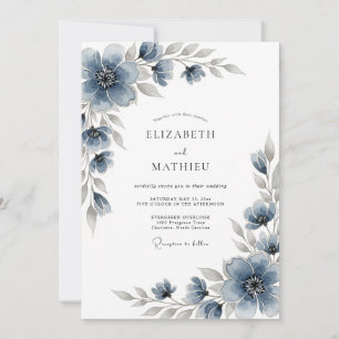 Invitation Mariage Romantique aux Fleurs Bleu Ardoise