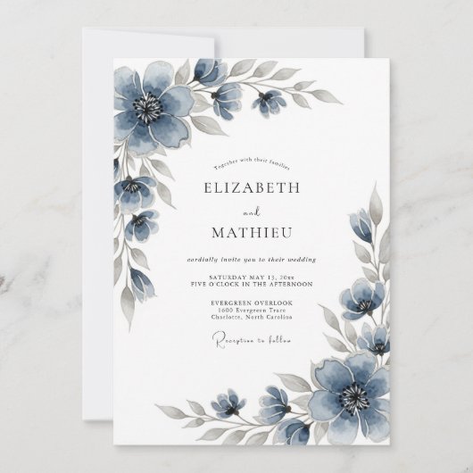 Invitation Mariage Romantique aux Fleurs Bleu Ardoise (Devant)