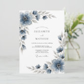 Invitation Mariage Romantique aux Fleurs Bleu Ardoise (Debout devant)
