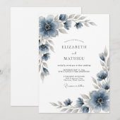 Invitation Mariage Romantique aux Fleurs Bleu Ardoise (Devant / Derrière)