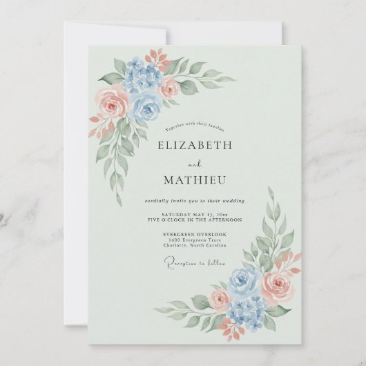 Invitation Mariage Romantique aux Fleurs Bleu Clair (Devant)