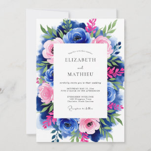 Invitation Mariage Romantique aux Fleurs Bleu Cobalt