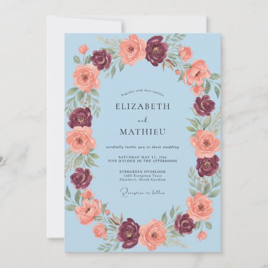 Invitation Mariage Romantique aux Fleurs Bleues Clair (Devant)