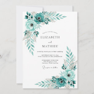 Invitation Mariage Romantique aux Fleurs de Bleu Vert