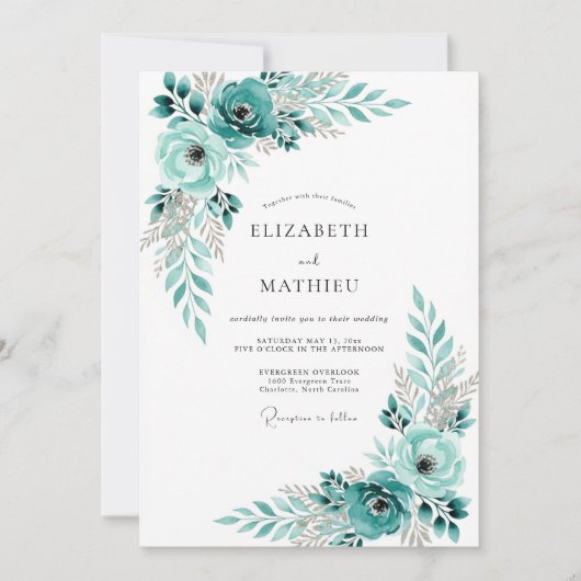 Invitation Mariage Romantique aux Fleurs de Bleu Vert (Devant)