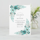 Invitation Mariage Romantique aux Fleurs de Bleu Vert (Debout devant)