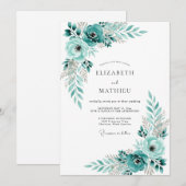 Invitation Mariage Romantique aux Fleurs de Bleu Vert (Devant / Derrière)