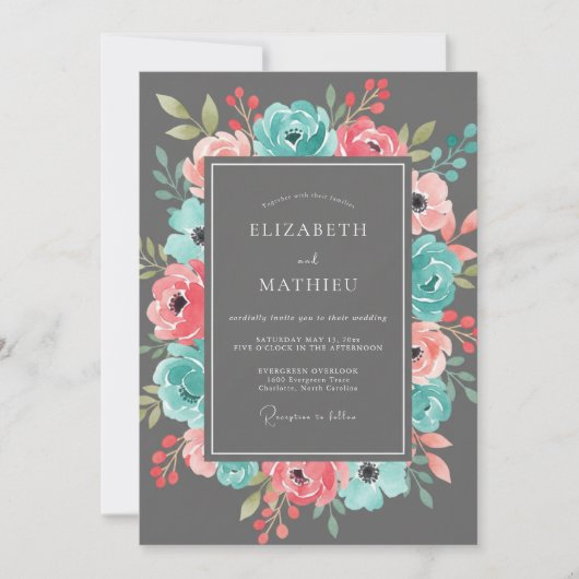 Invitation Mariage Romantique aux Fleurs de Corail Sarcelle (Devant)